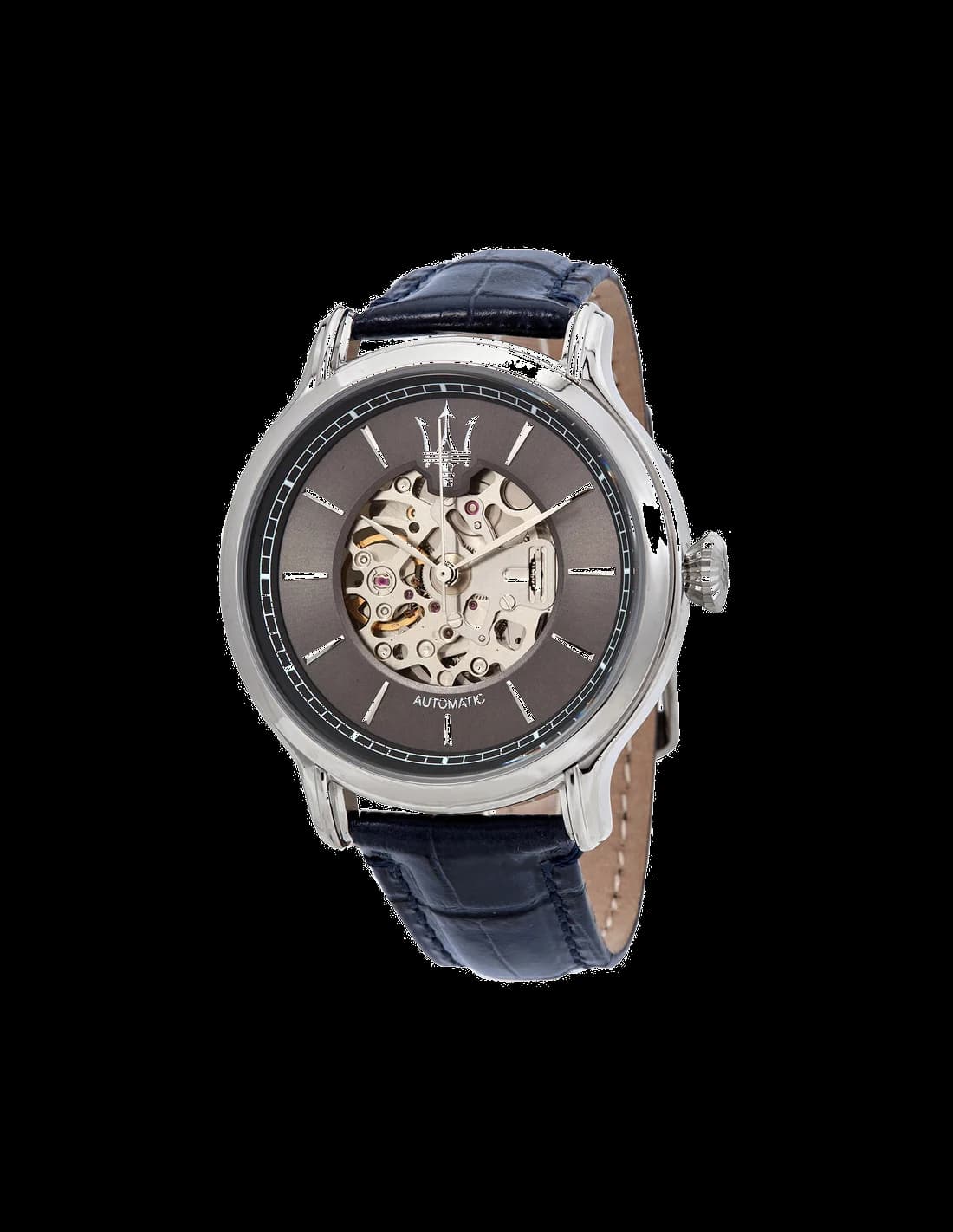 Montre Maserati R8821118002 avec cadran squelette apparent, aiguilles et index argentés sur fond noir, style sport élégant