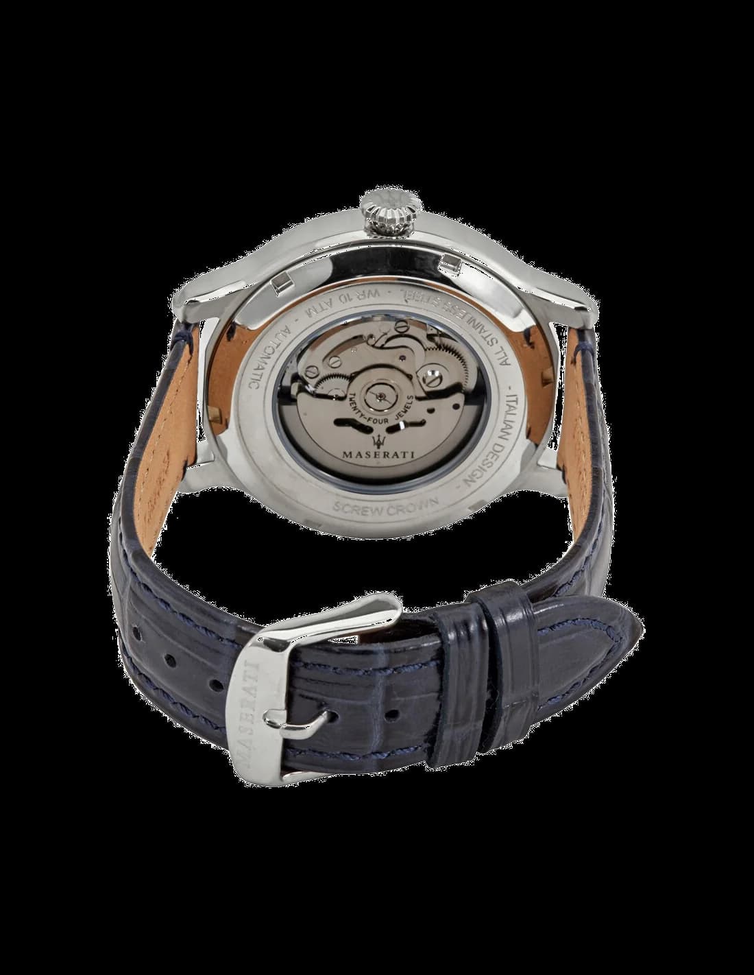 Bracelet Maserati R8821118002 en cuir noir avec surpiqûres contrastées, boucle déployante en acier inoxydable gravée Maserati