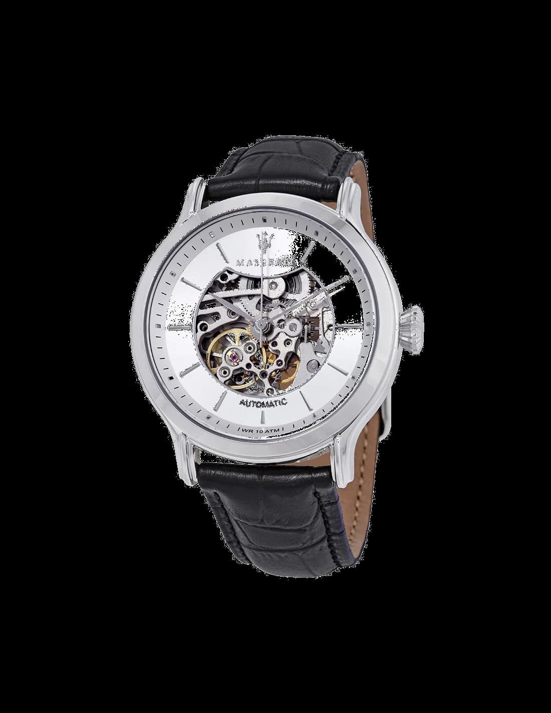 Montre Maserati R8821118003 au cadran squelette noir et aiguilles luminescentes, style sport chic