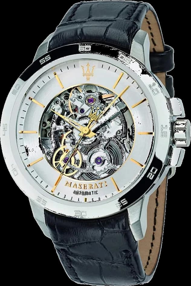Montre Maserati R8821119002 avec cadran argenté squelette et index bâtons sur fond ouvert