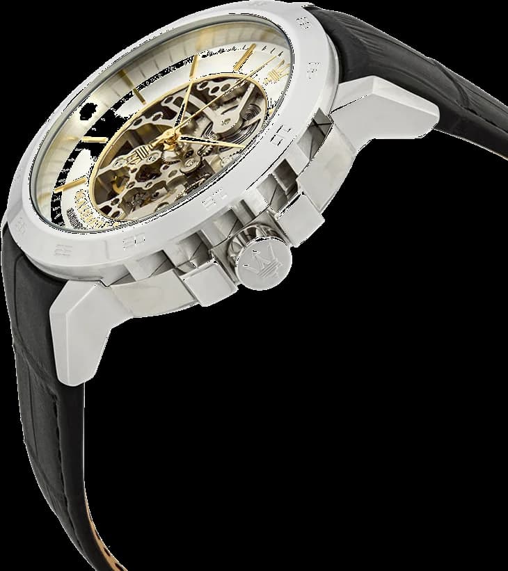 Cadran Maserati R8821119002 dévoile mouvement automatique visible avec aiguilles squelettées et index appliqués