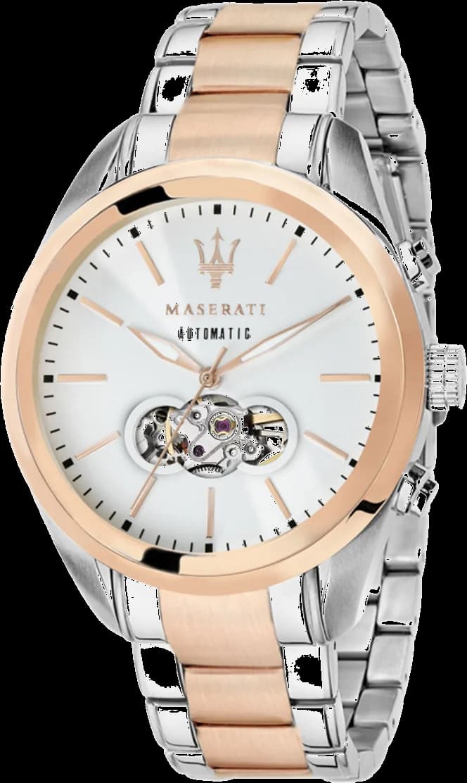 Montre Maserati R8823112001 avec cadran noir soleillé, mouvement automatique visible et index argentés