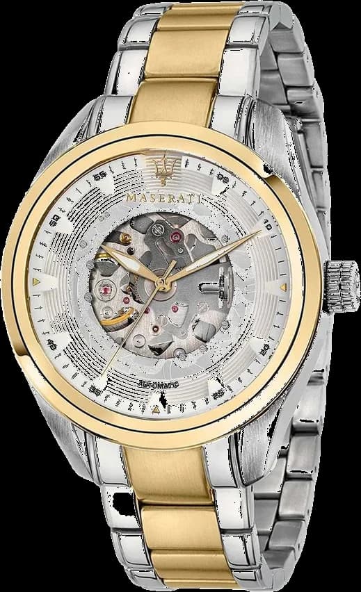 Montre Maserati Traguardo R8823112003 Squelette automatique Cadran argenté Bracelet en acier inoxydable bicolore