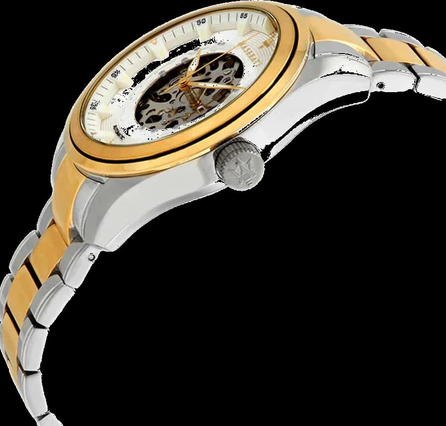 Montre Maserati Traguardo R8823112003 Squelette automatique Cadran argenté Bracelet en acier inoxydable bicolore vue 2