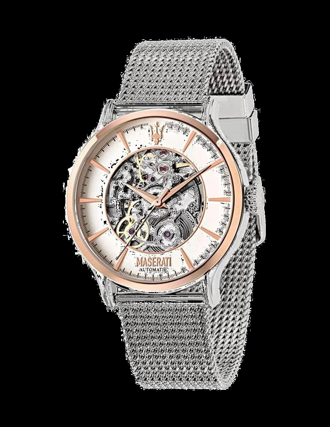 Montre Maserati R8823118001 avec cadran squelette noir laissant voir le mouvement automatique et index argentés