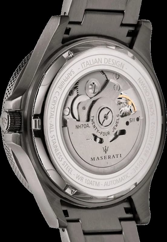 Cadran Maserati R8823140001 squelette avec index bâtons argentés, aiguilles luminescentes et guichet date à 6h