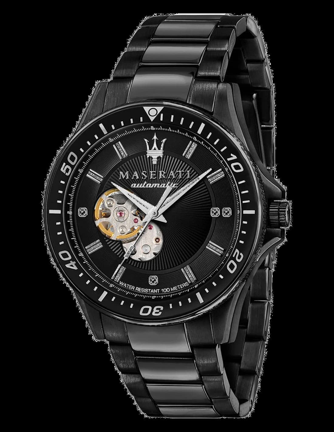 Montre Maserati R8823140005 au cadran noir soleillé, aiguilles et index argentés, style sport-élégant signature Maserati