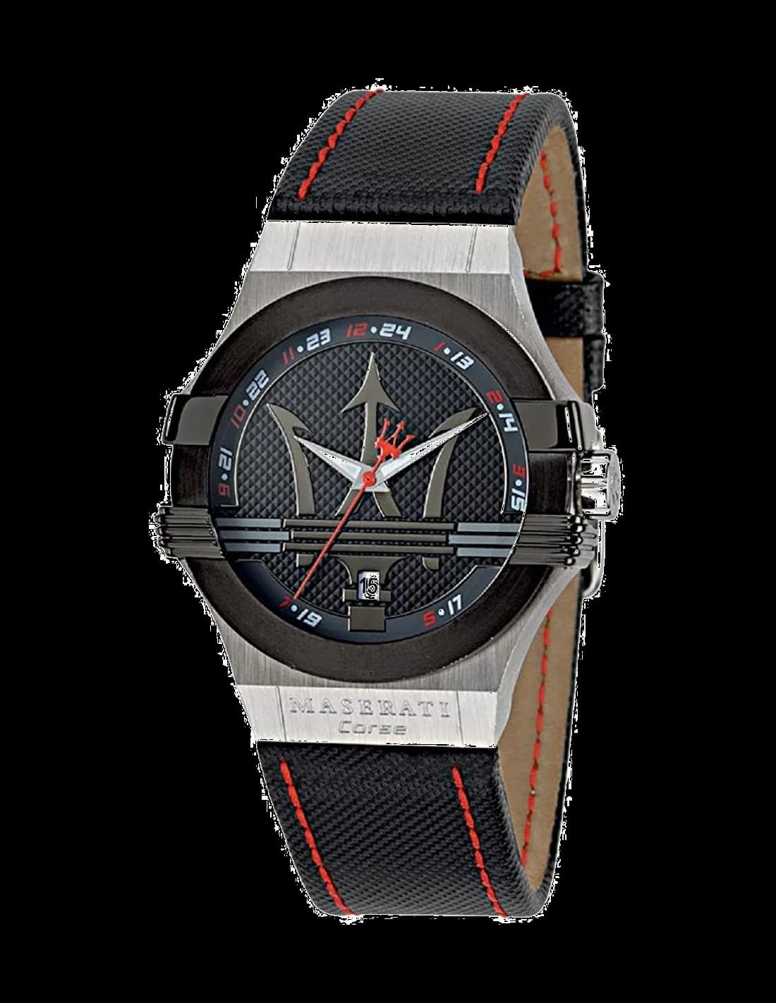 Montre Maserati R8851108001 avec cadran noir et aiguilles luminescentes sur fond argenté, style sport chic