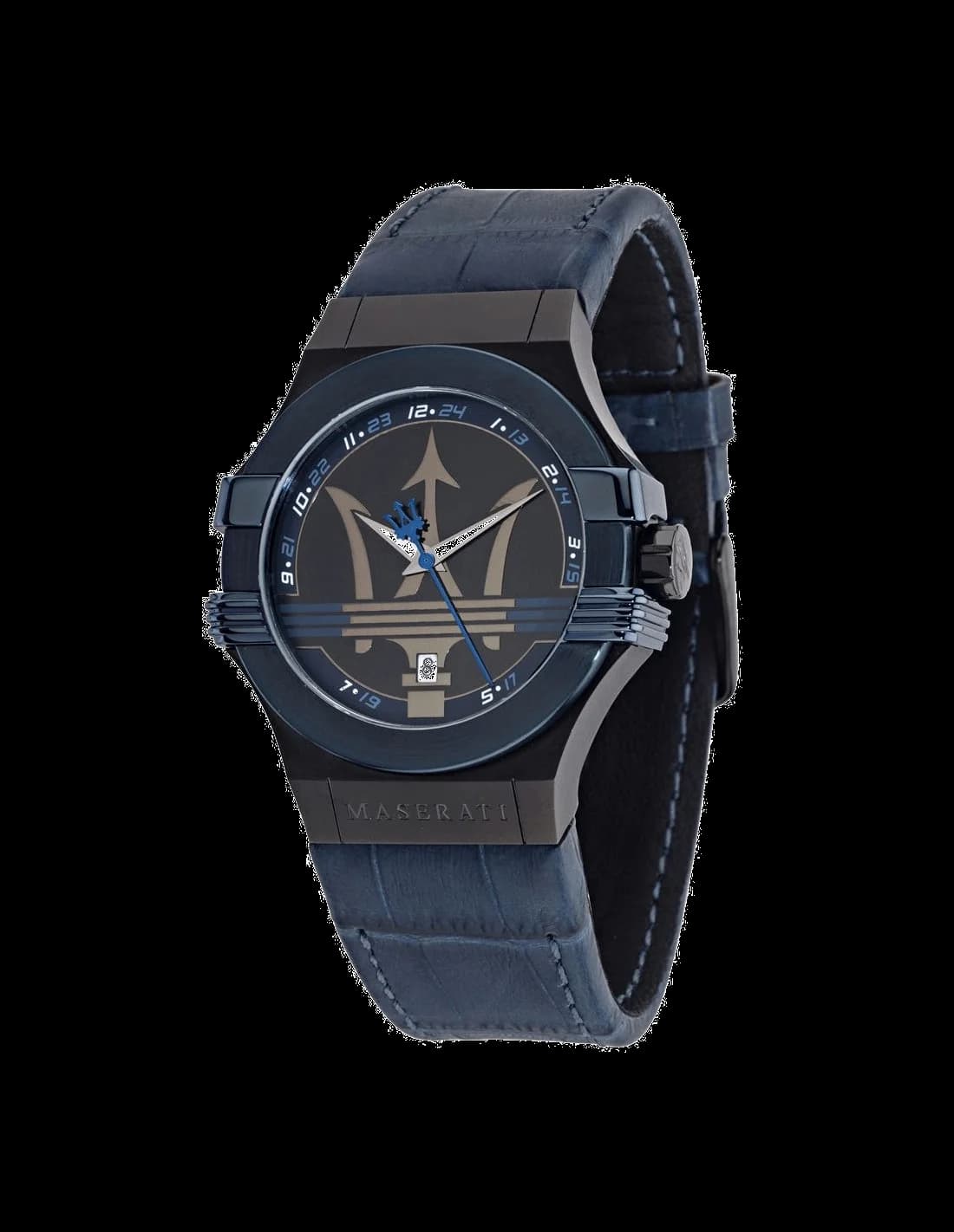Montre Maserati R8851108007 avec cadran bleu soleil, index appliques et aiguilles argentées, style sport chic