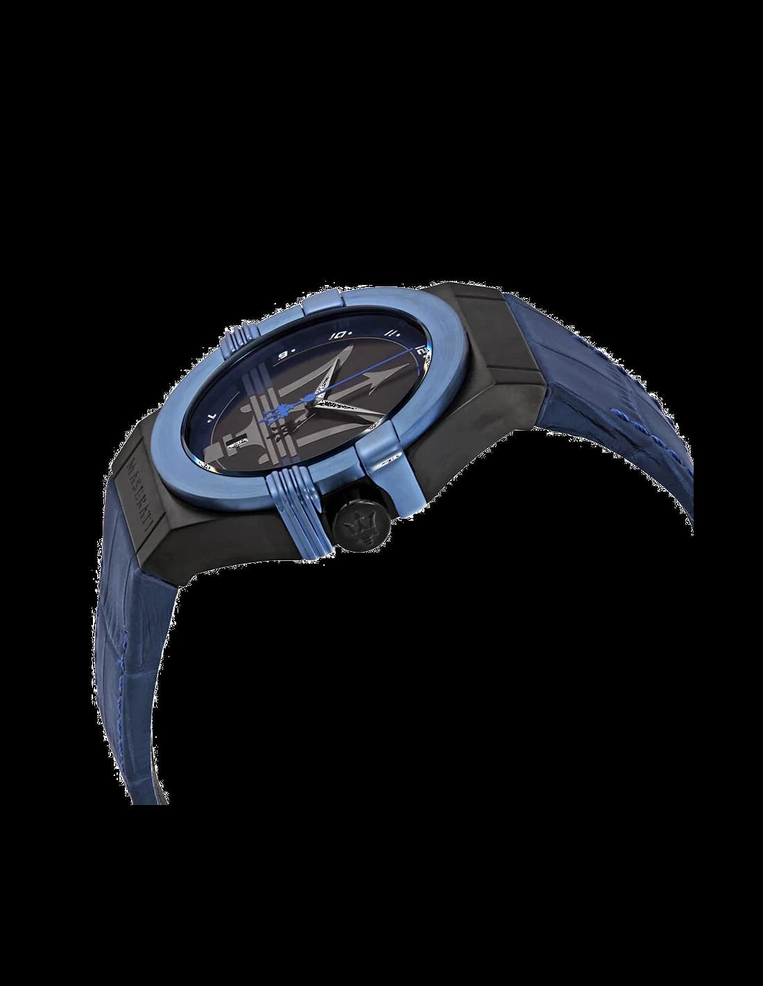 Cadran Maserati R8851108007 avec cadran bleu soleillé, index bâtons appliques, aiguilles luminescentes et date à 3h