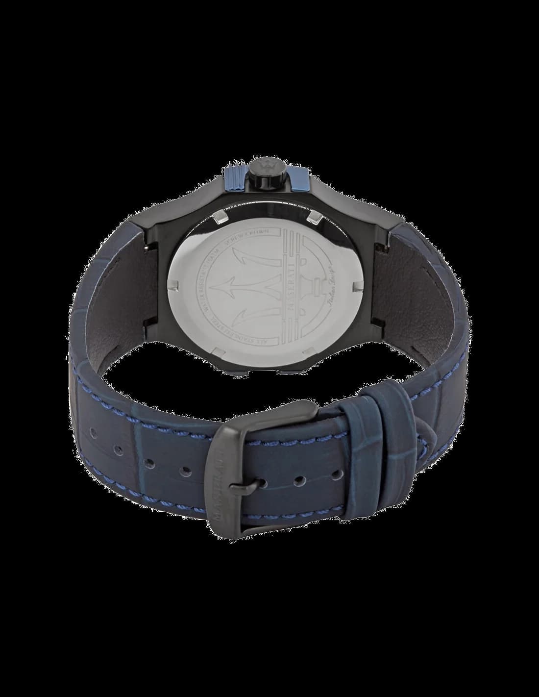 Bracelet Maserati R8851108007 en cuir bleu cousu ton sur ton, boucle ardillon en acier, motif perforé racing