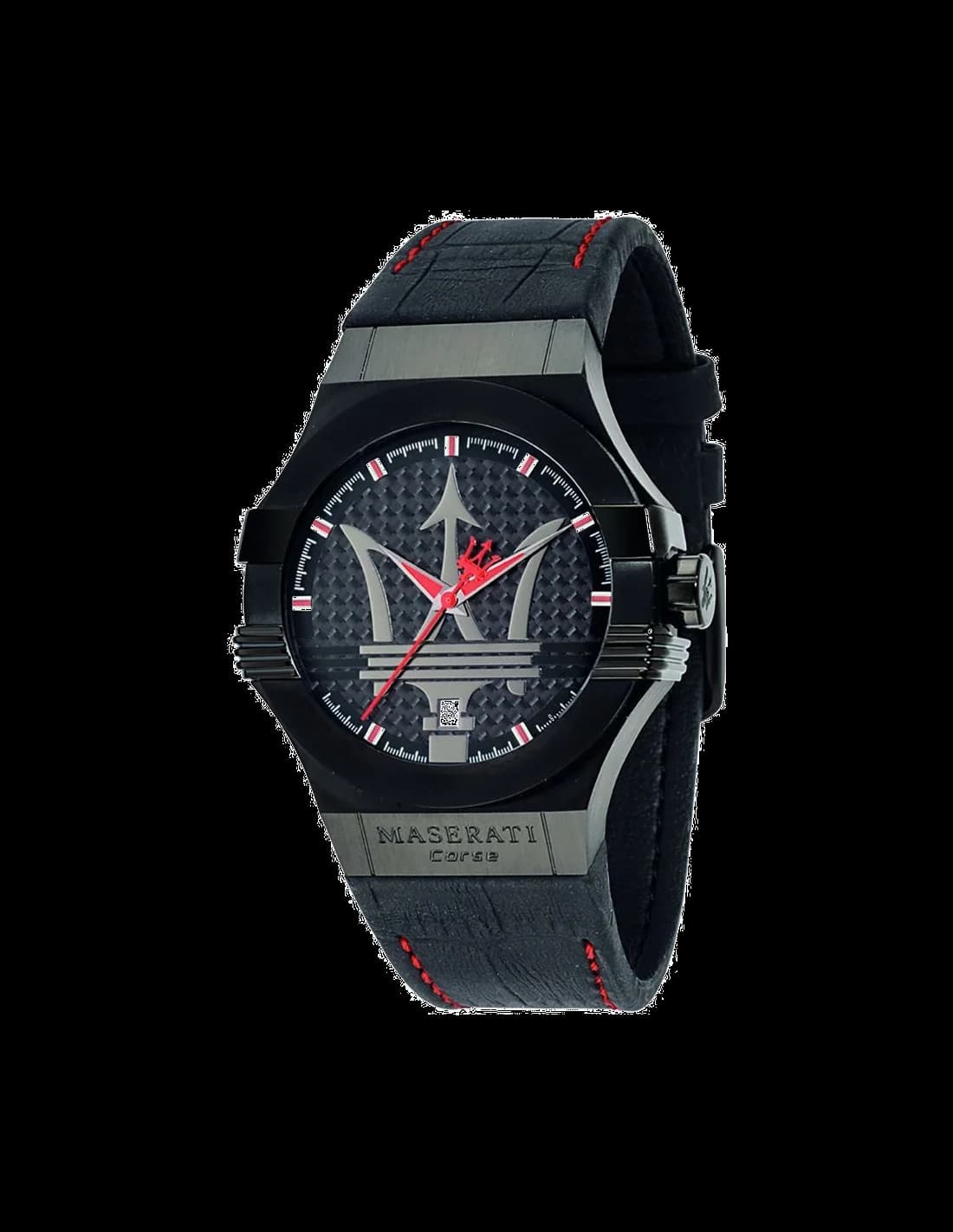 Montre Maserati R8851108010 avec cadran noir soleil, index bâtons argentés et aiguilles squelettes, style sport chic