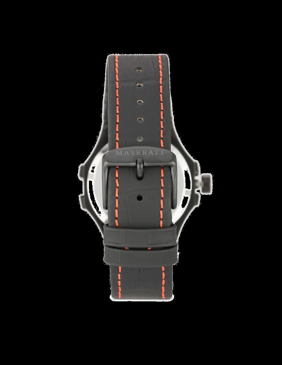 Bracelet Maserati R8851108010 en cuir noir à surpiqures rouges, boucle ardillon gravée Maserati, aspect racing