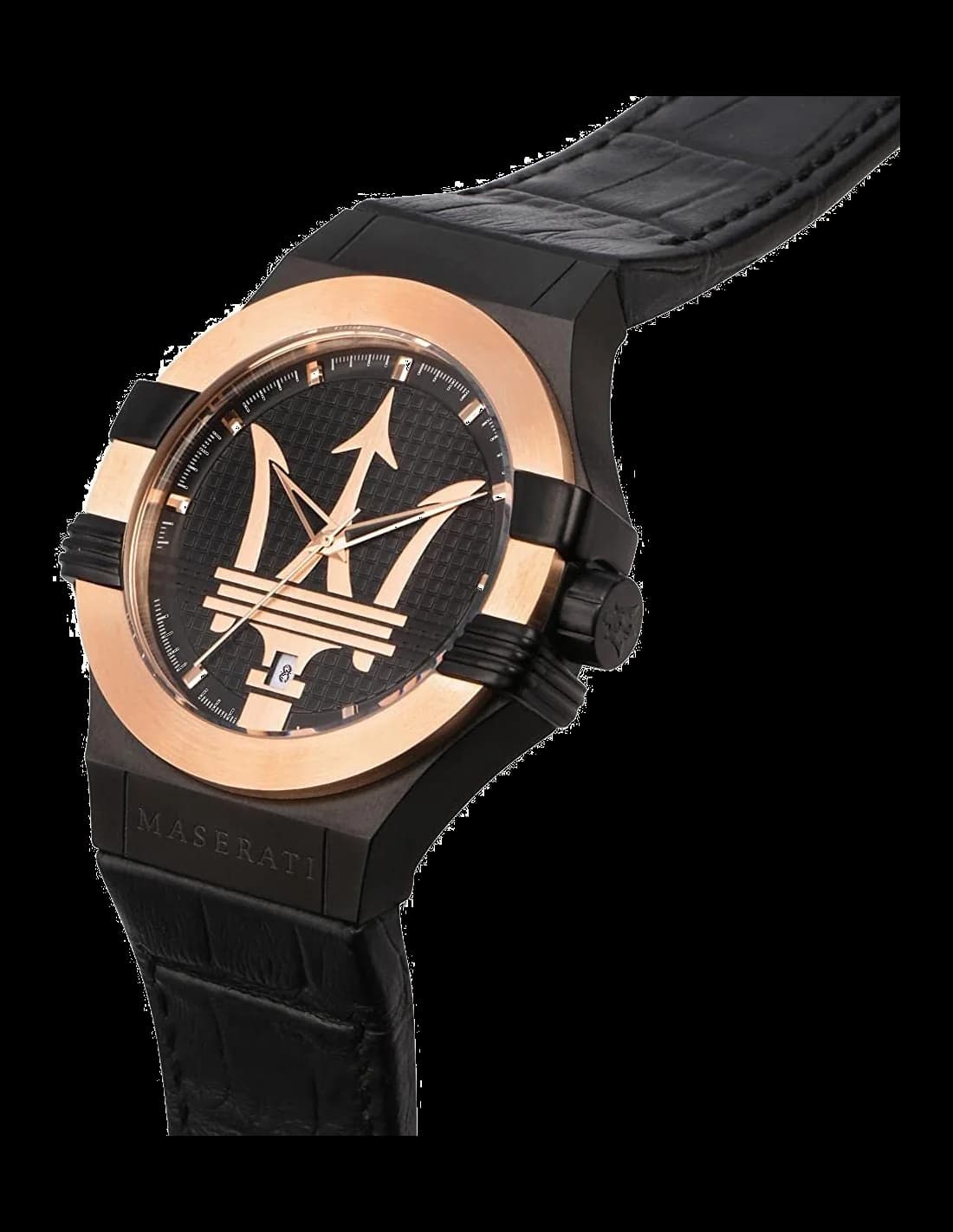 Cadran Maserati R8851108032 au cadran noir soleillé avec index bâtons et aiguilles or rose, date à 3h