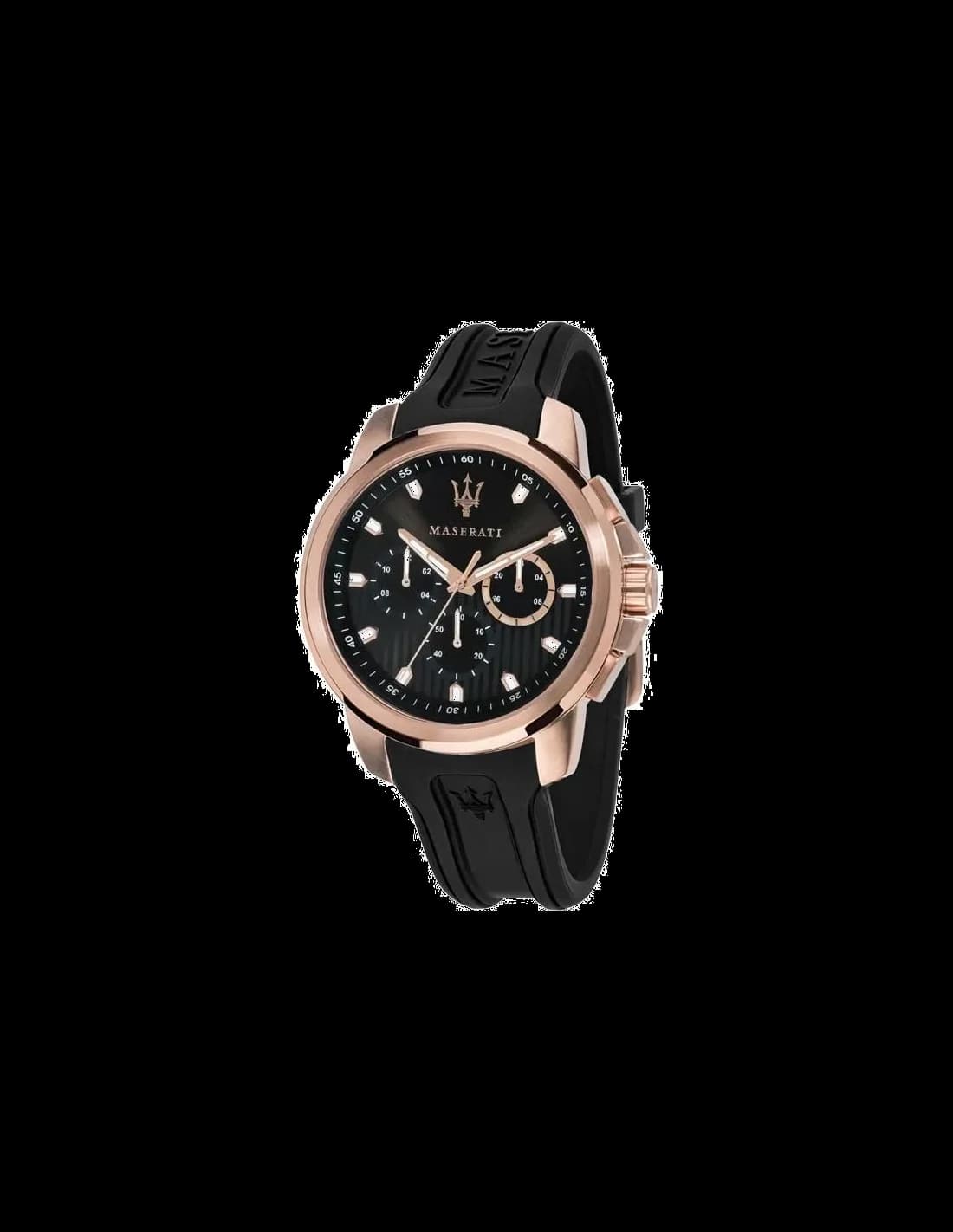 Montre Maserati R8851123008 avec cadran noir, index et aiguilles or rose, style sport chic chronographe