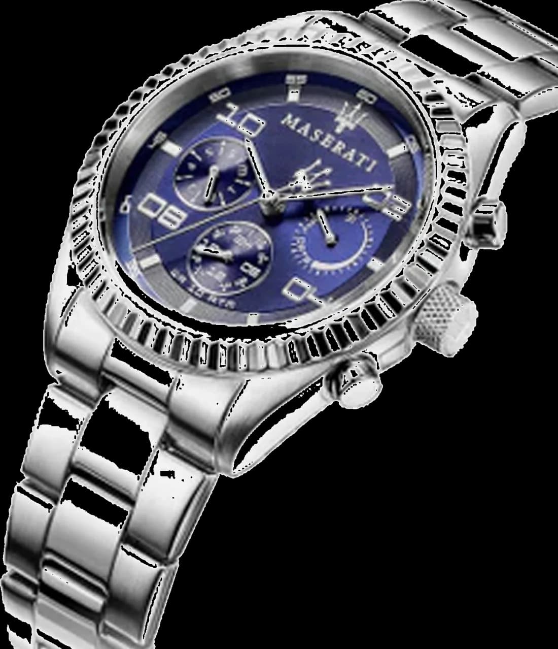 Cadran Maserati R8853100011 avec index bâtons argentés, aiguilles luminescentes, date à 3h