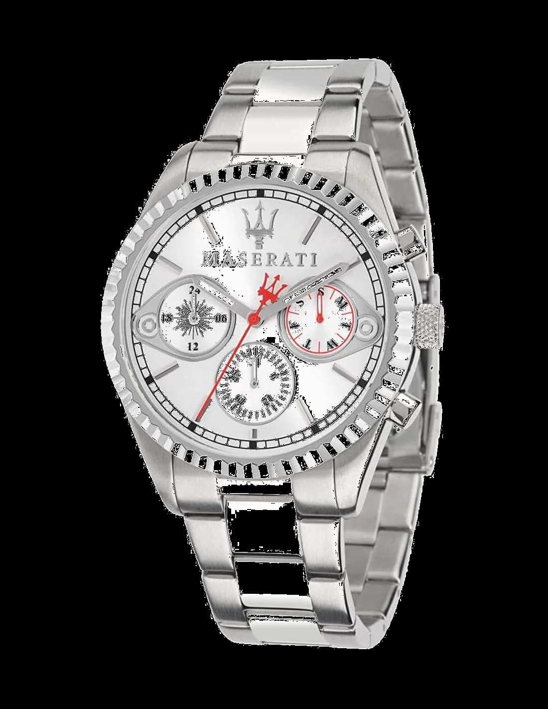 Montre Maserati R8853100017 au cadran noir soleil avec index bâtons argentés et aiguilles luminescentes, style sport-élégant