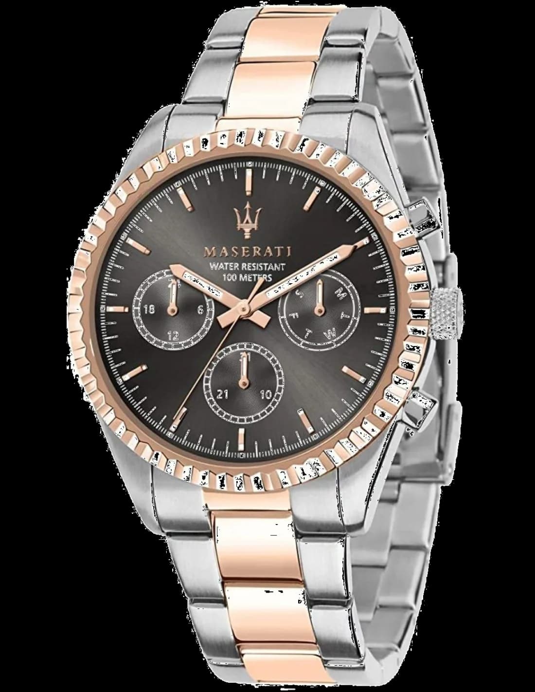 Montre Maserati R8853100020 au cadran noir texturé, index bâtons et aiguilles squelettes, style sport-élégant