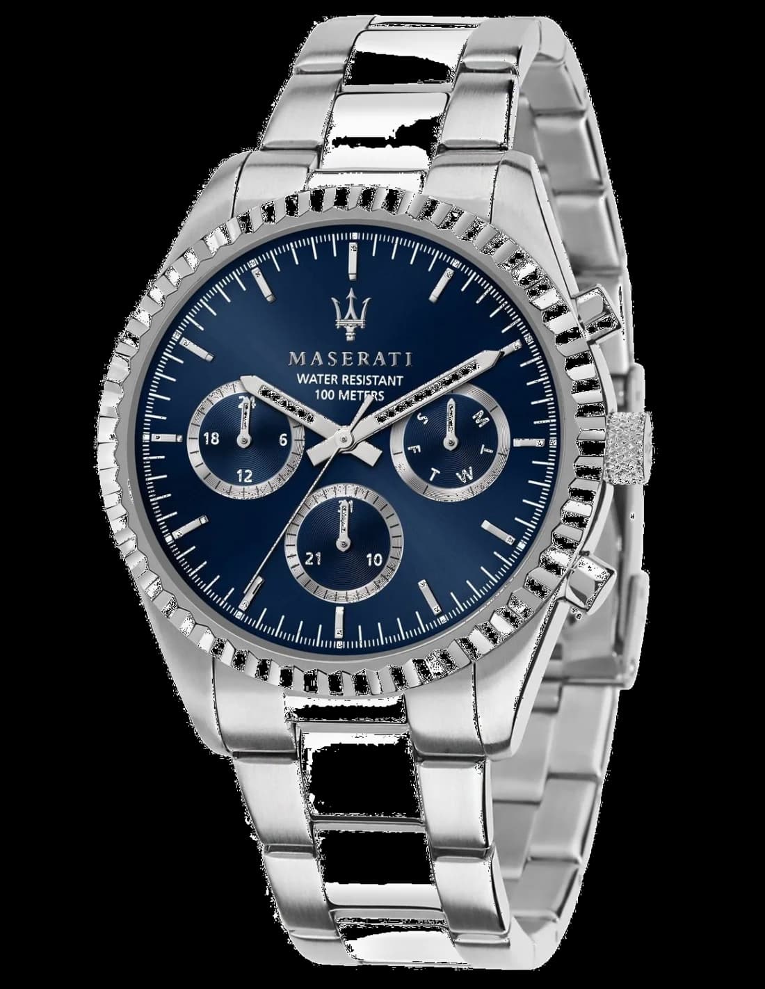 Montre Maserati R8853100022 arbore un cadran bleu soleil avec index bâtons et aiguilles squelettées, style sport-élégant