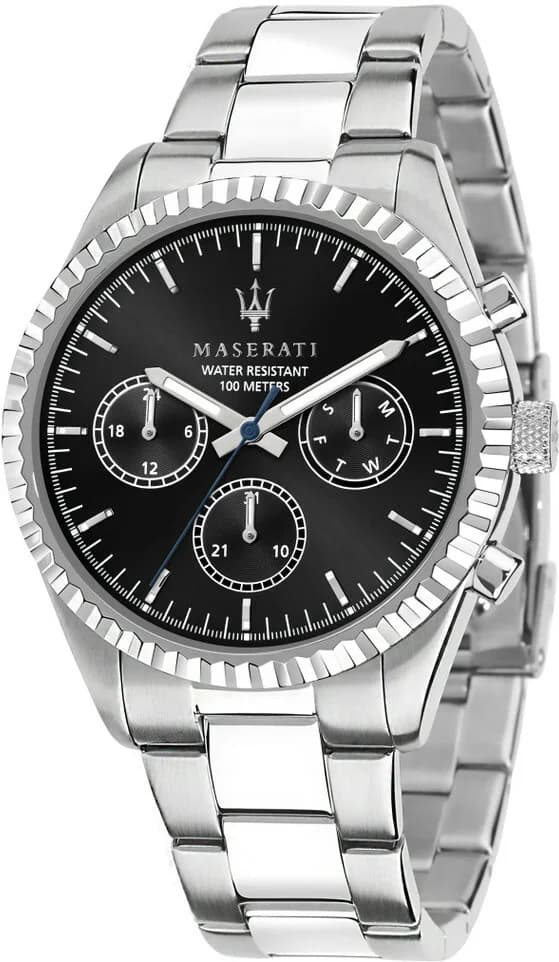 Montre Maserati R8853100023 au cadran noir avec index blancs et aiguilles squelettes, style sportif et élégant