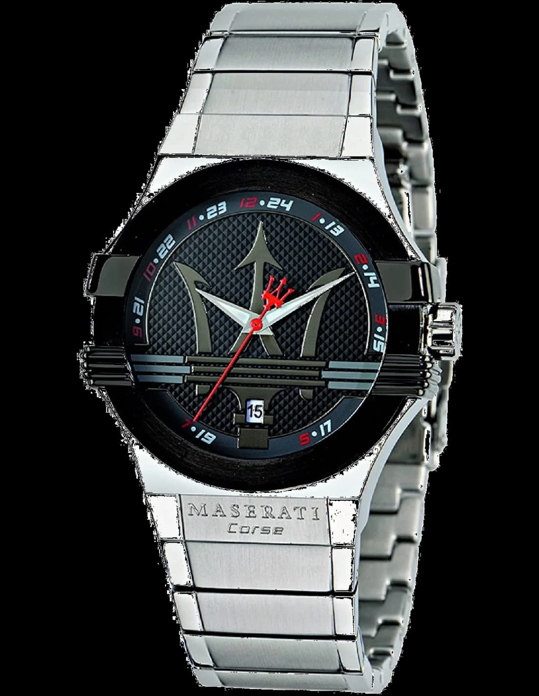 Montre Maserati R8853108001 avec cadran noir et détails rouges sur fond soleil, style sportif et élégant