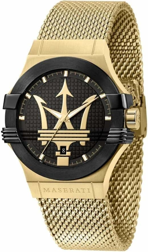 Montre Maserati R8853108006 avec cadran blanc soleillé, index dorés et aiguilles bâton, style classique élégant