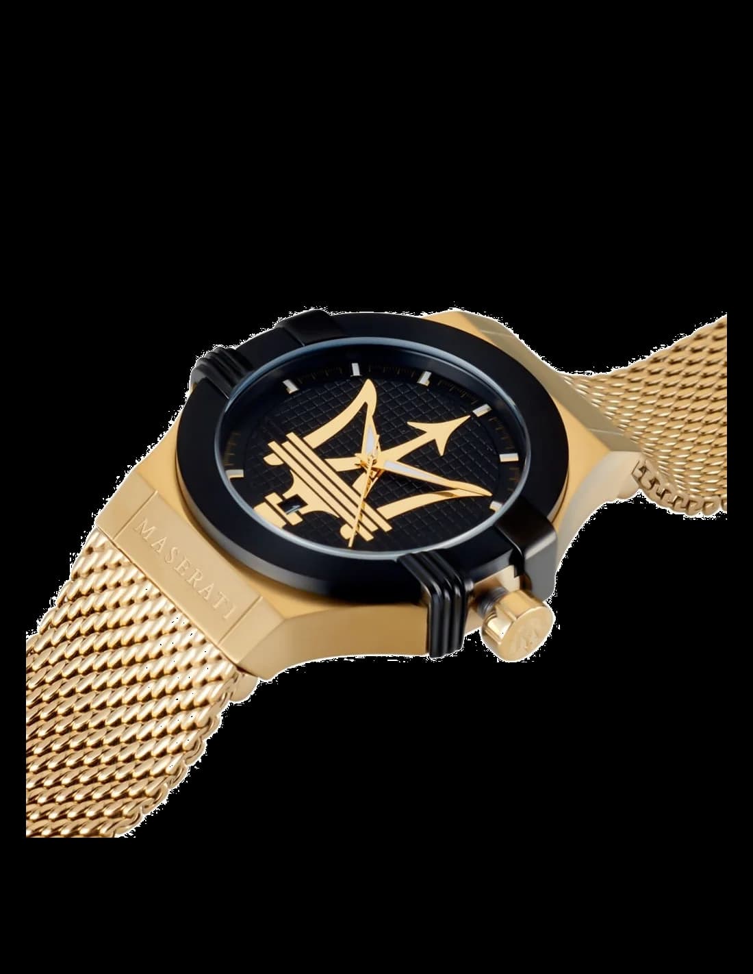 Cadran Maserati R8853108006 avec index appliqués dorés, aiguilles dauphine, date à 3h, logo Maserati