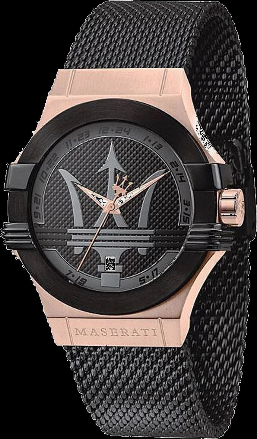 Montre Maserati R8853108010 avec cadran noir soleillé, aiguilles luminescentes et index bâtons, style sport chic