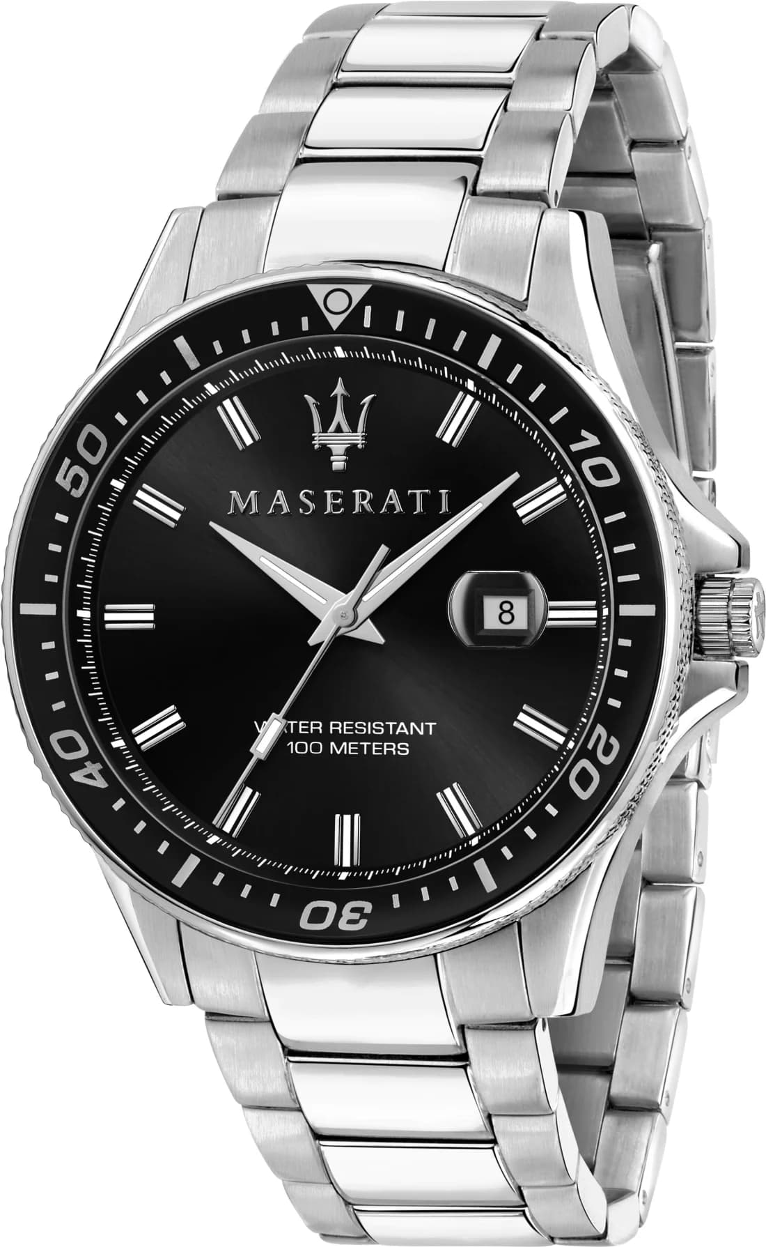 Montre Maserati R8853140002 au cadran rond noir, aiguilles luminescentes et index argentés sur fond noir élégant