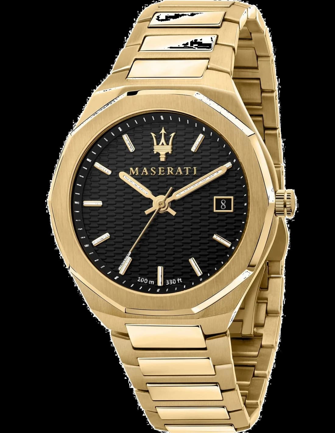 Montre Maserati R8853142004 avec cadran noir soleillé et boîtier en acier doré jaune 44 mm, style sport chic