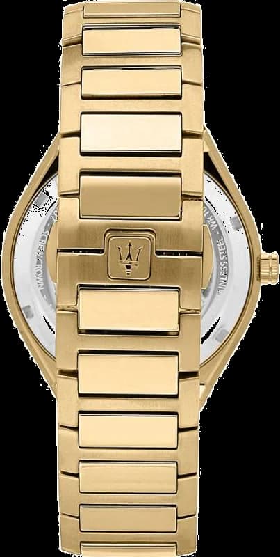 Cadran Maserati R8853142004 noir soleillé, index appliques dorés, aiguilles bâton, date à 3h, compteurs chronographe