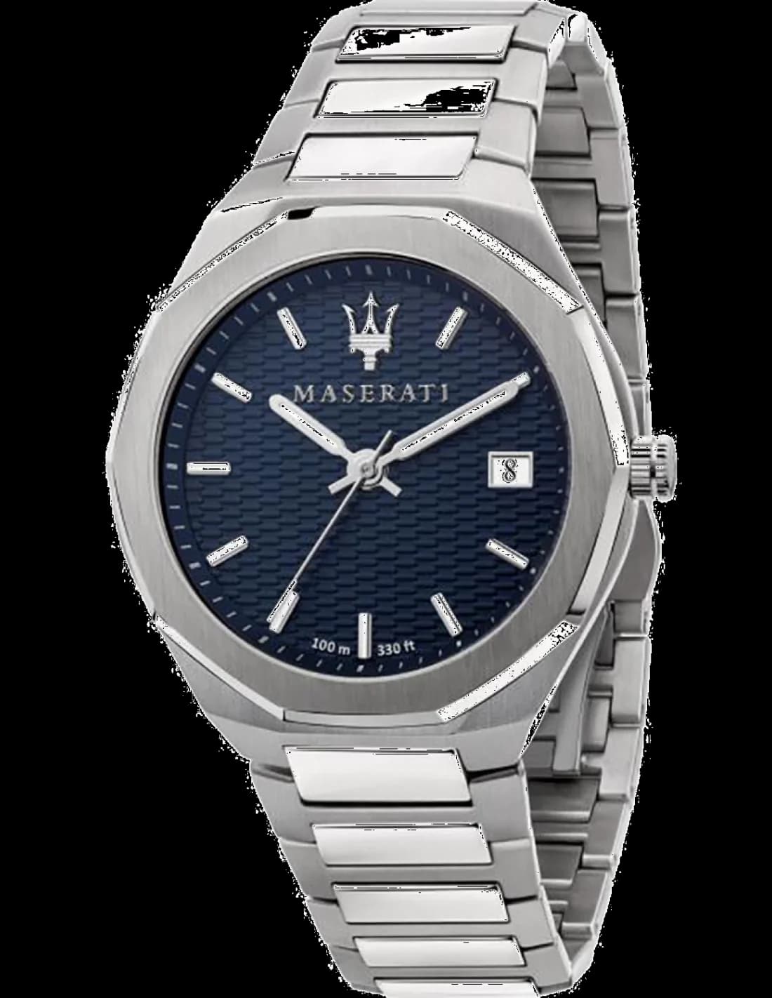 Montre Maserati R8853142006 au cadran octogonal bleu soleil avec index bâtons et aiguilles argentées