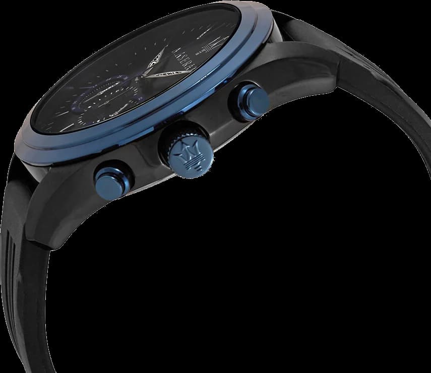 Cadran Maserati R8871612006 noir avec compteurs chrono, index appliqués et aiguilles luminescentes