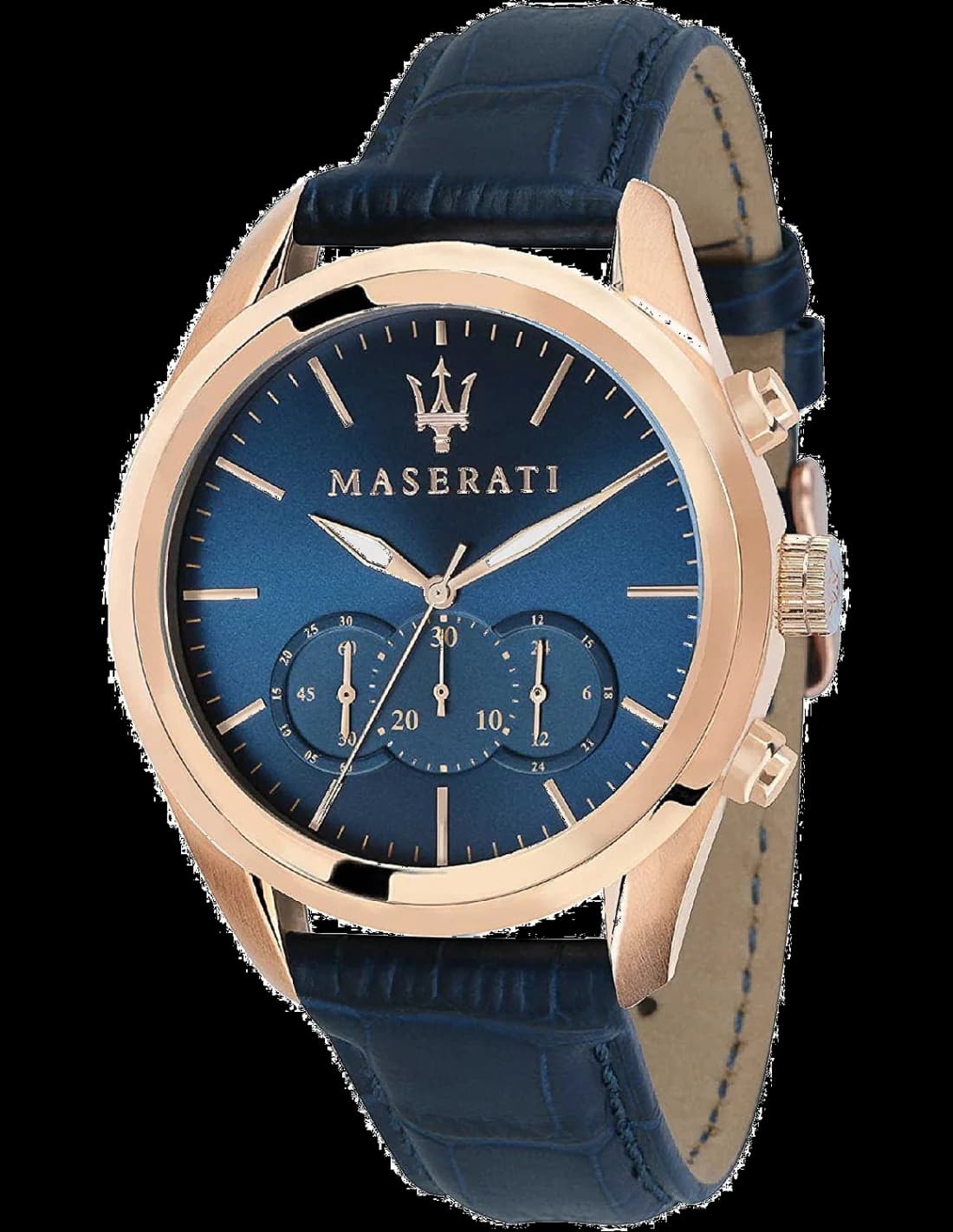 Montre Maserati R8871612015 au cadran bleu soleil, boîtier acier et or rose, style sport chic