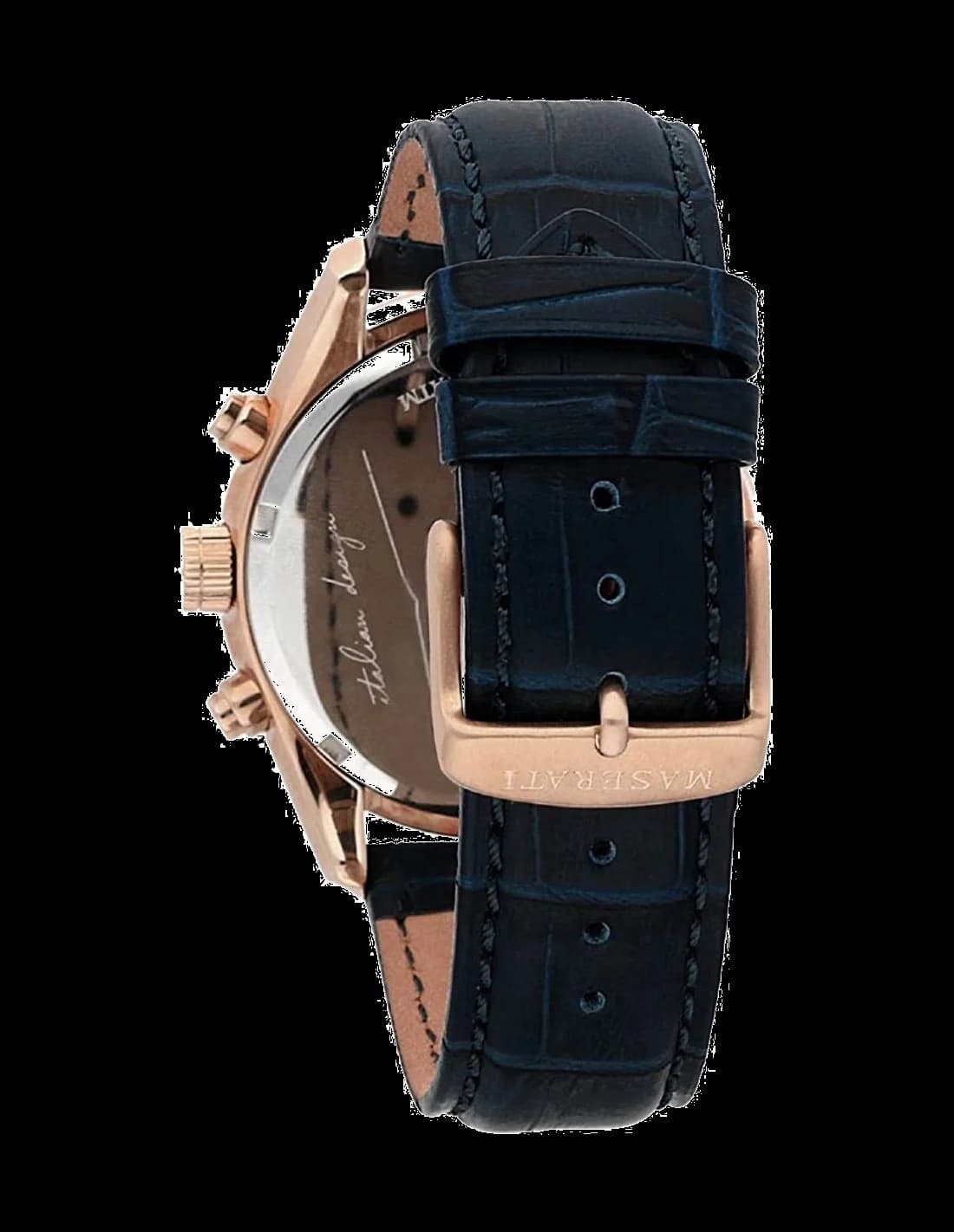 Cadran Maserati R8871612015 avec index appliqués, aiguilles bâton et date à 3h sur fond bleu