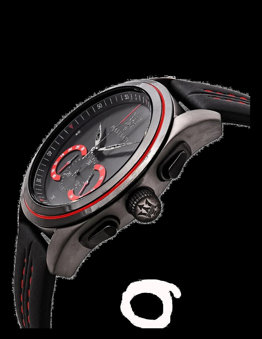 Cadran Maserati R8871612023 avec compteurs chronographe, guichet date à 4h30 et aiguilles squelettes rouges