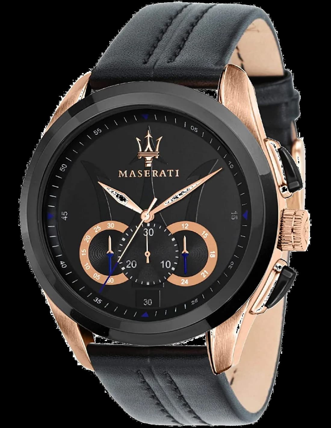 Montre Maserati R8871612025 en vue principale, cadran noir avec détails acier or rose, style sport chic