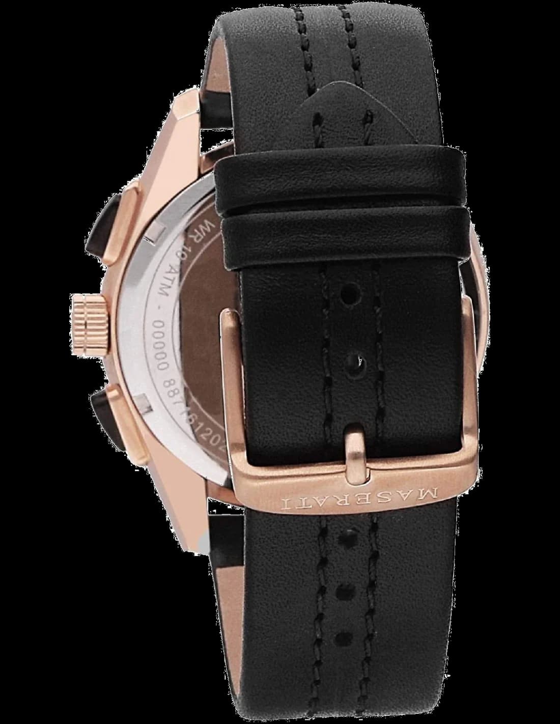Cadran Maserati R8871612025 avec index bâtons et aiguilles squelettes, compteurs chronographe sur fond noir