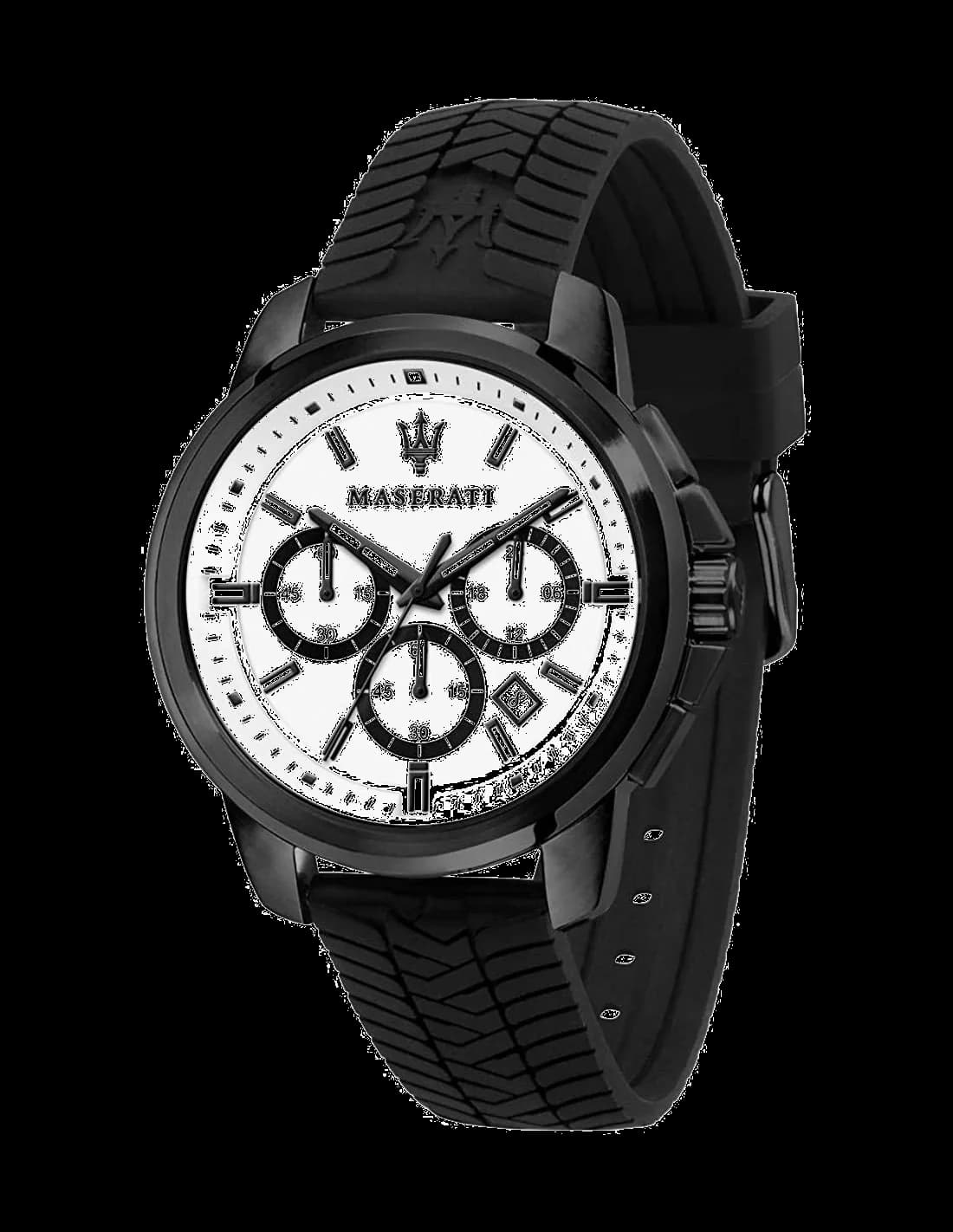 Montre Maserati R8871621010 au cadran noir soleillé avec index appliqués et aiguilles luminescentes, style sport chic