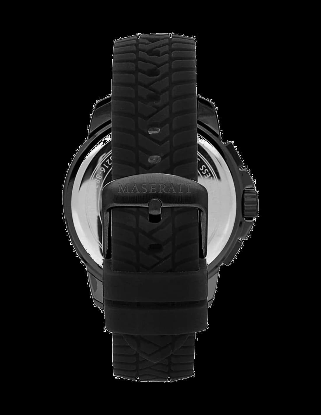 Cadran Maserati R8871621010 noir soleillé orné d'index bâtons argentés et de trois compteurs chronographe, date à 3h