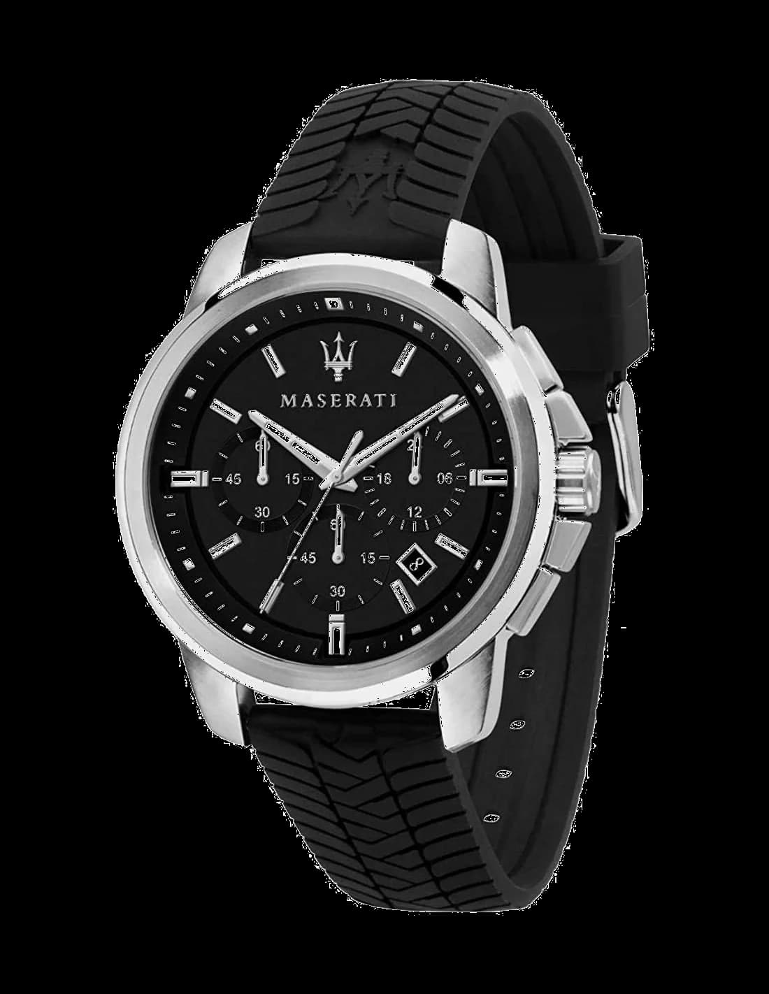 Montre Maserati R8871621014 au cadran noir soleillé et index argentés, style sport chic