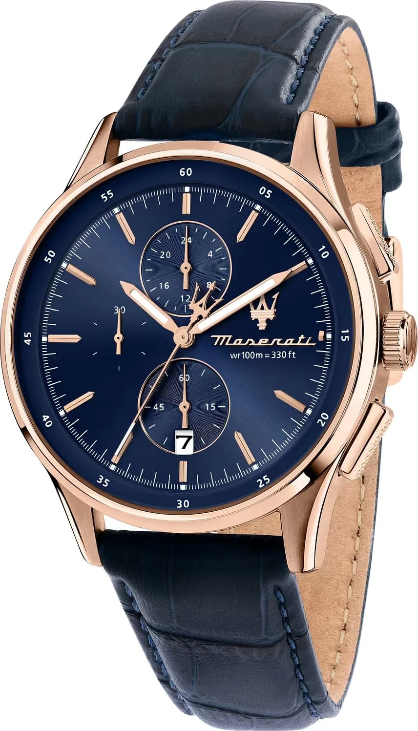 Montre Maserati R8871624009 au cadran bleu soleil, index dorés, aiguilles bâton, style sport chic