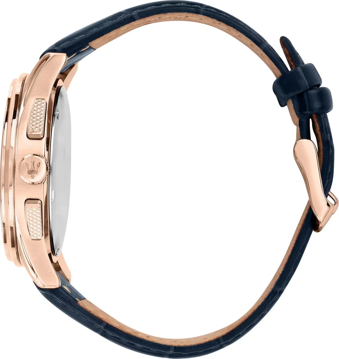 Cadran Maserati R8871624009 bleu soleillé avec index appliqués dorés, aiguilles luminescentes, date à 3h
