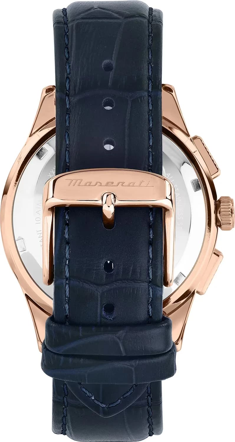 Bracelet Maserati R8871624009 en cuir bleu marine avec surpiqûres ton sur ton, boucle déployante acier or rose