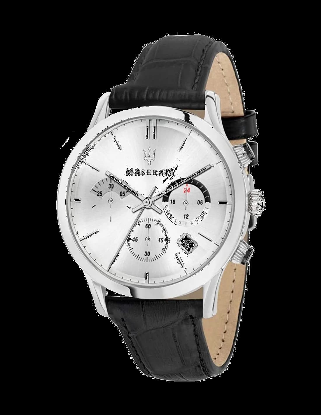 Montre Maserati R8871633001 au cadran noir soleillé avec index bâtons argentés et logo Maserati au centre