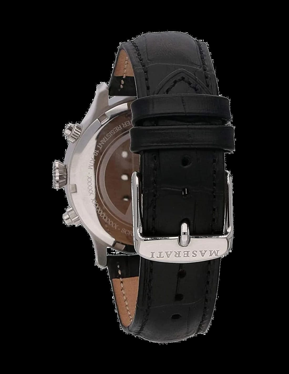 Cadran Maserati R8871633001 arborant un cadran noir avec index bâtons, aiguilles luminescentes et date à 3h