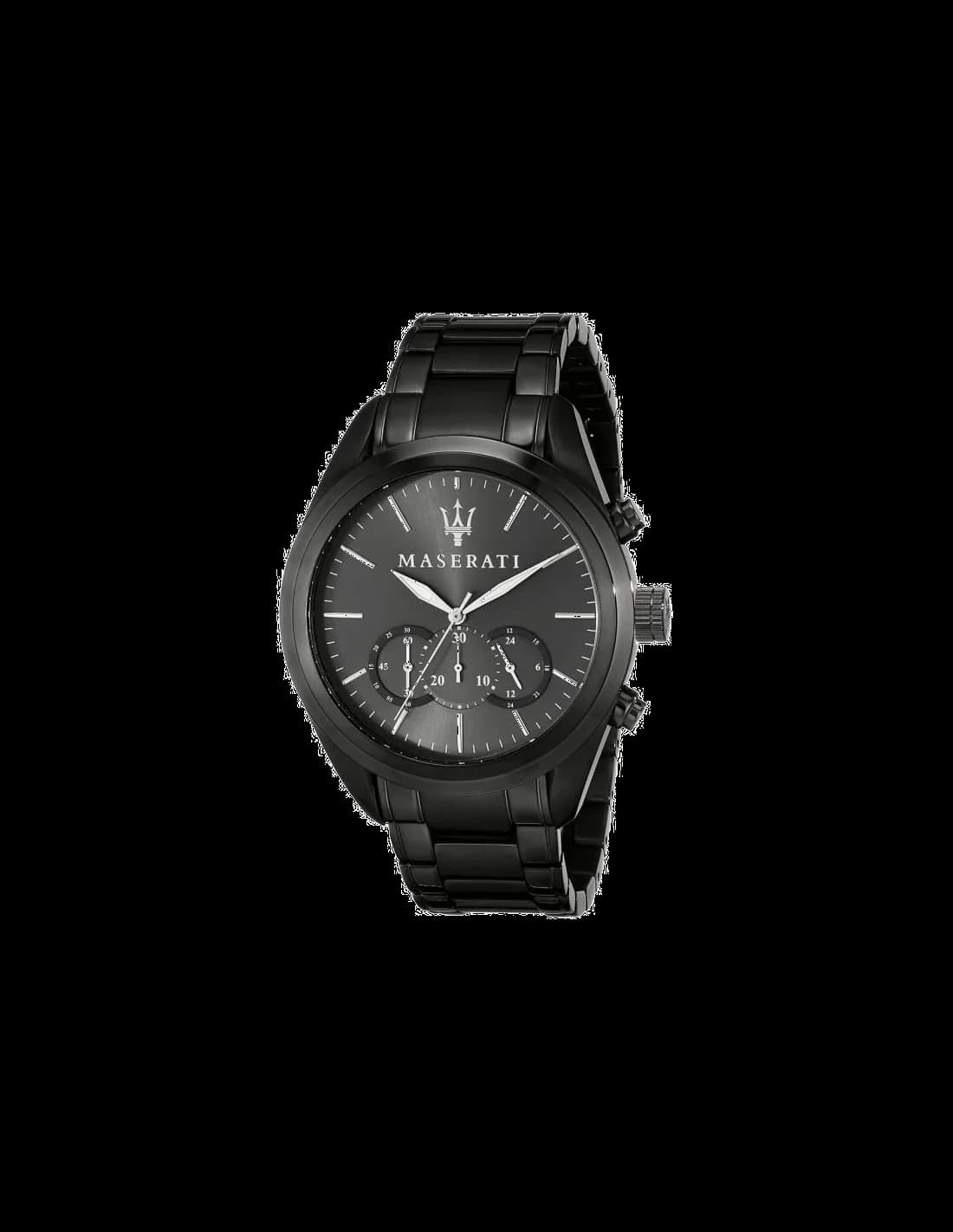 Montre Maserati R8873612002 avec cadran noir soleillé, aiguilles et index argentés, style sport chic