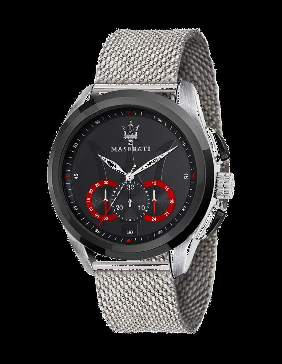 Montre Maserati R8873612005 avec cadran noir, aiguilles argentées et logo Maserati, style sport-élégant