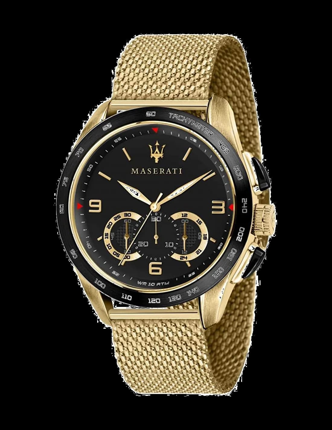 Montre Maserati R8873612010 avec cadran noir soleillé, aiguilles dorées et index bâtons, style sport-élégant