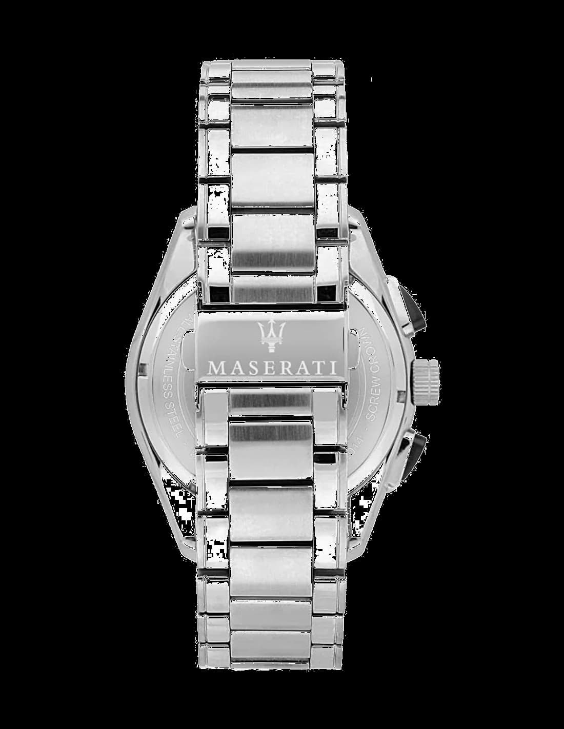 Cadran Maserati R8873612015 avec index bâtons et chiffres romains, aiguilles luminescentes, date à 3h
